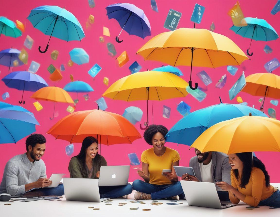 A diverse group of people happily using laptops and smartphones, surrounded by colorful icons representing insurance deals and online savings. A vibrant, digital marketplace backdrop with cheerful visuals of umbrellas, shields, and coins symbolizing protection and savings. Floating percentage signs and discount tags add to the lively atmosphere. super-realistic. vibrant colors. 3D.