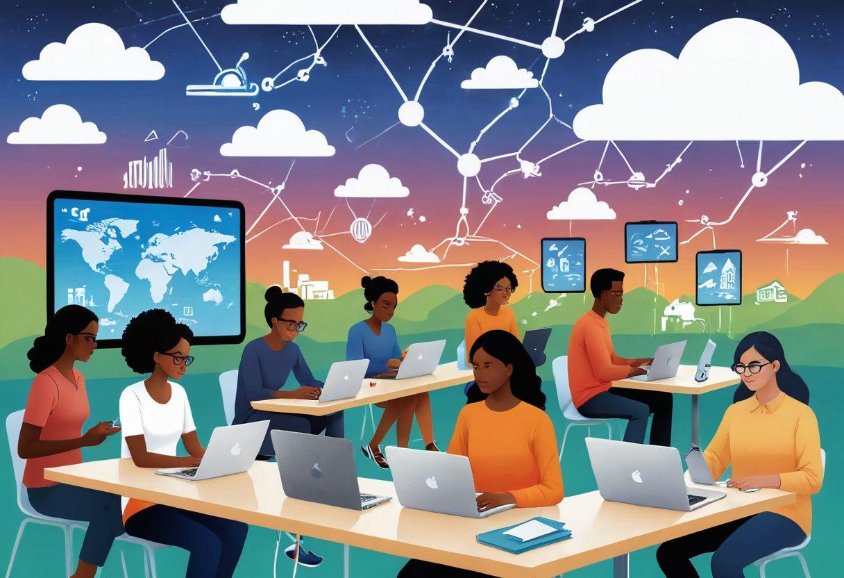 An illustrated scene of a diverse group of people using laptops and tablets, surrounded by floating icons representing various types of insurance (health, auto, home) in a virtual marketplace. The background should depict a bright and inviting digital environment with clear pathways leading to different coverage options. Include symbols of connectivity like clouds and data streams to emphasize online navigation. super-realistic. vibrant colors. modern digital art.